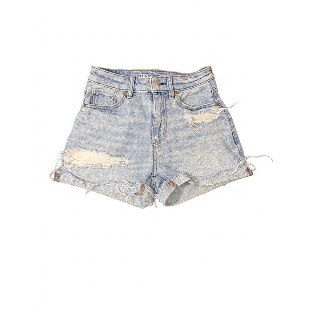 American Eagle Mom Denim Shorts Women’s 000 Blue Stretch Distress Ripped Strigid